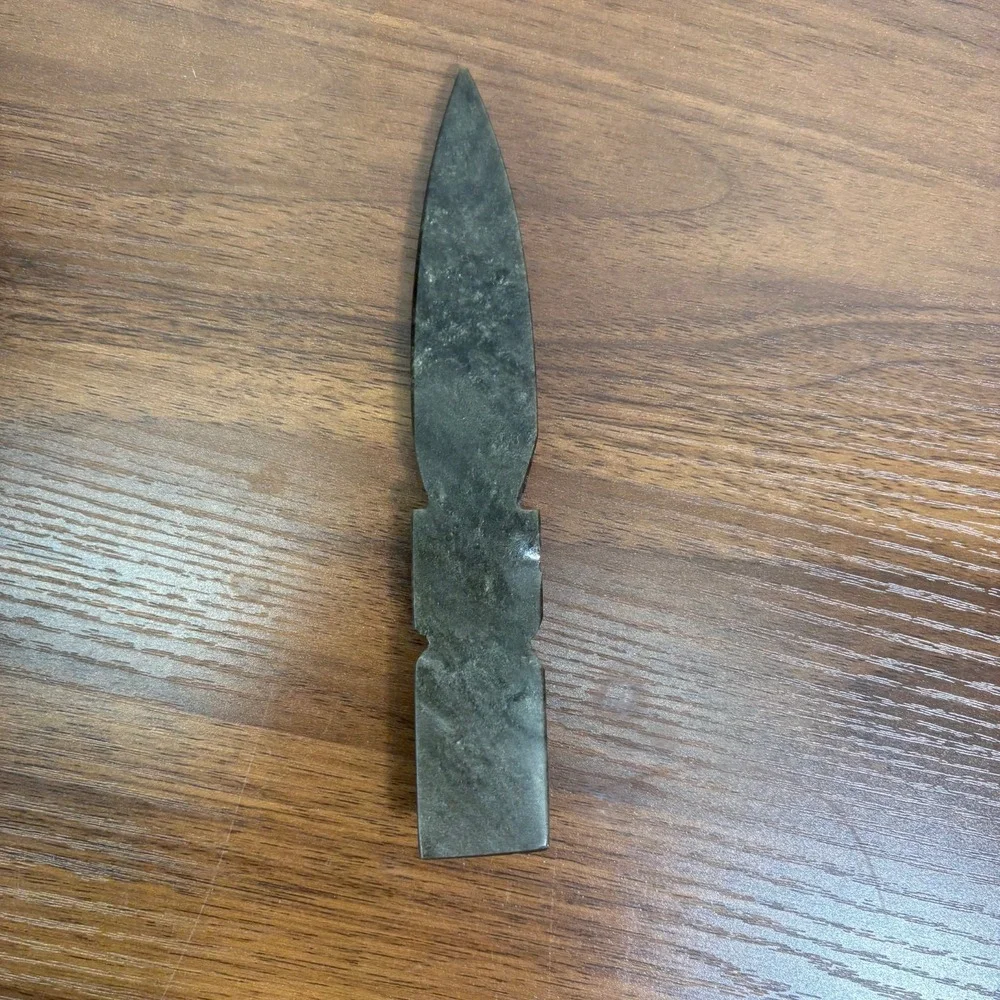 Aztec Obsidian Knife, Green Figural Stone Handle Volcanic Glass 6.5